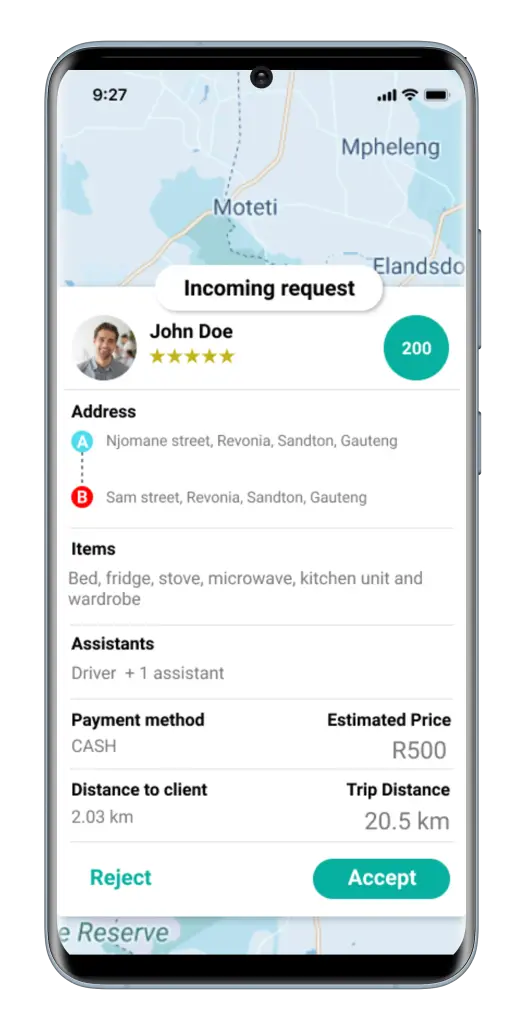 Incoming BakX trip request displayed in the driver app